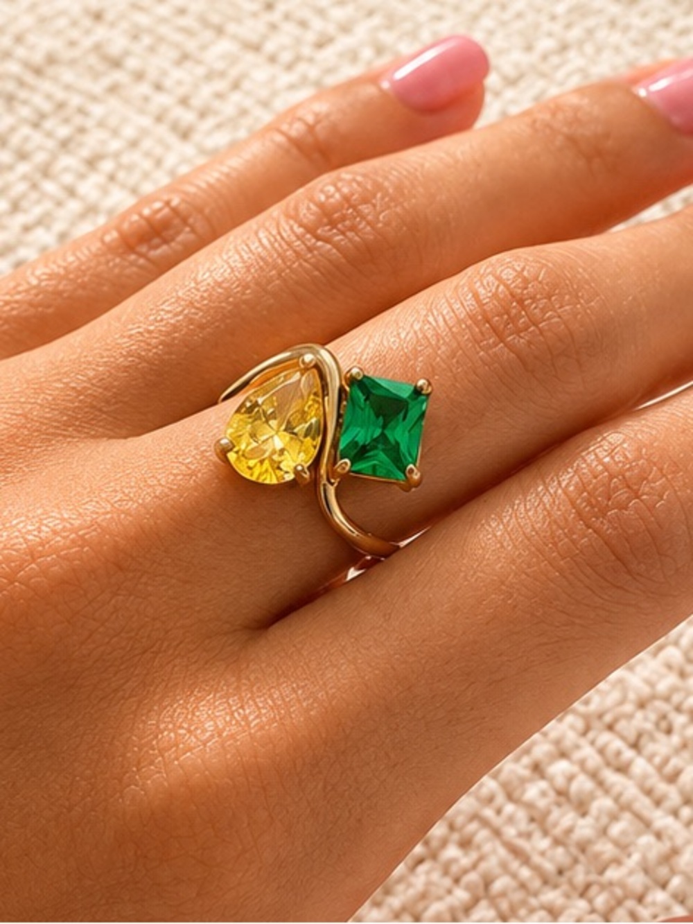 Gemstone Gold Ring with Yellow Teardrop and Green Square Gemstone
